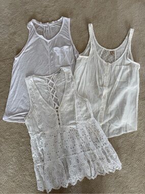 Set of 3 White Tank Tops (Free People, Rip Curl and American Eagle)